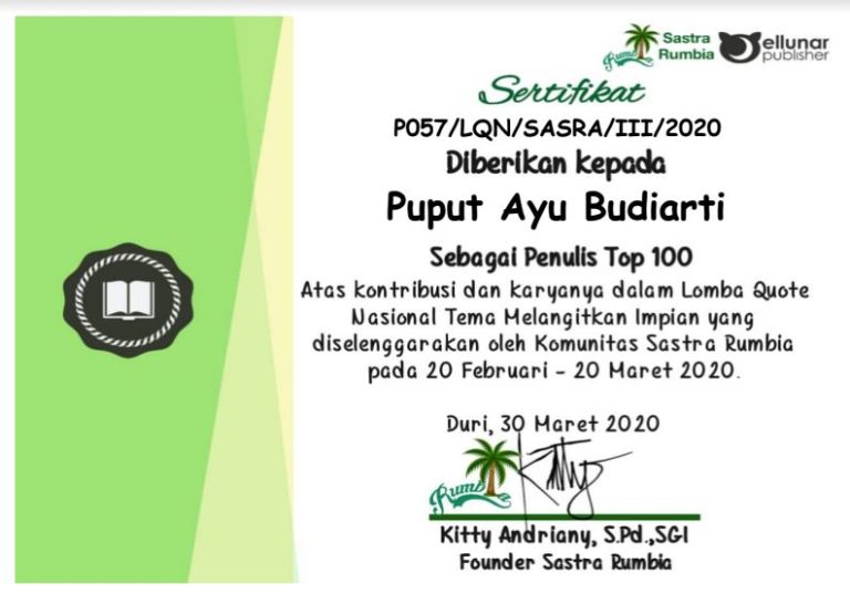 Read more about the article Lomba Quote Nasional dengan Tema Melangitkan Impian diraih oleh Puput Ayu Budiarti