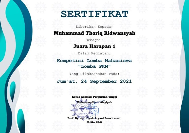 Read more about the article Juara Harapan 1 Kompetisi Lomba Mahasiswa (Lomba PKM) diraih oleh Muhammad Thoriq Ridwansyah