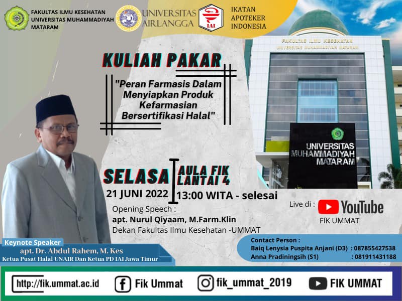 Read more about the article Kuliah Pakar dengan Tema “Peran Farmasis dalam Menyiapkan Produk Bersertifikat Halal” oleh Ketua PD IAI Jawa Timur